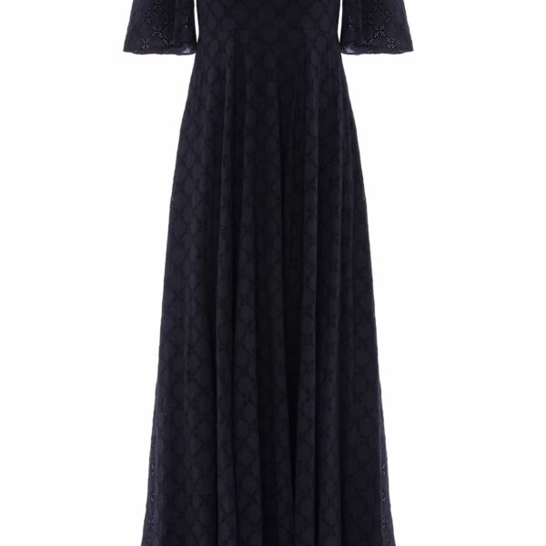 Needle & Thread Marisol Cotton Broderie Short Sleeve Ankle Gown in Jet Black - Dresses - British Luxury Evening Wear at Coveti