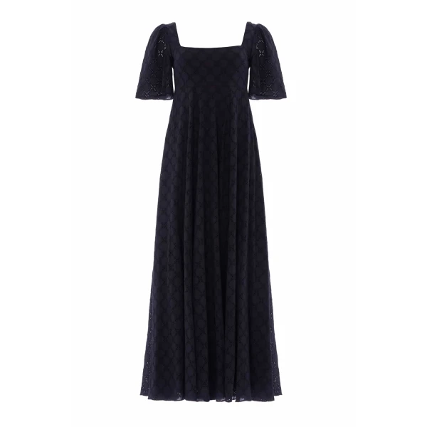 Needle & Thread Marisol Cotton Broderie Short Sleeve Ankle Gown in Jet Black - Dresses - British Luxury Evening Wear at Coveti