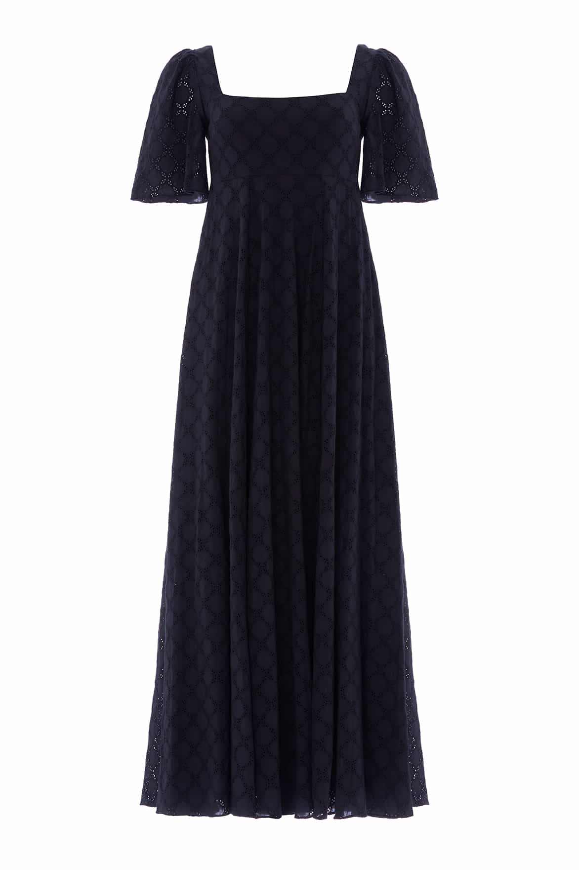 Needle & Thread Marisol Cotton Broderie Short Sleeve Ankle Gown in Jet Black - Dresses - British Luxury Evening Wear at Coveti
