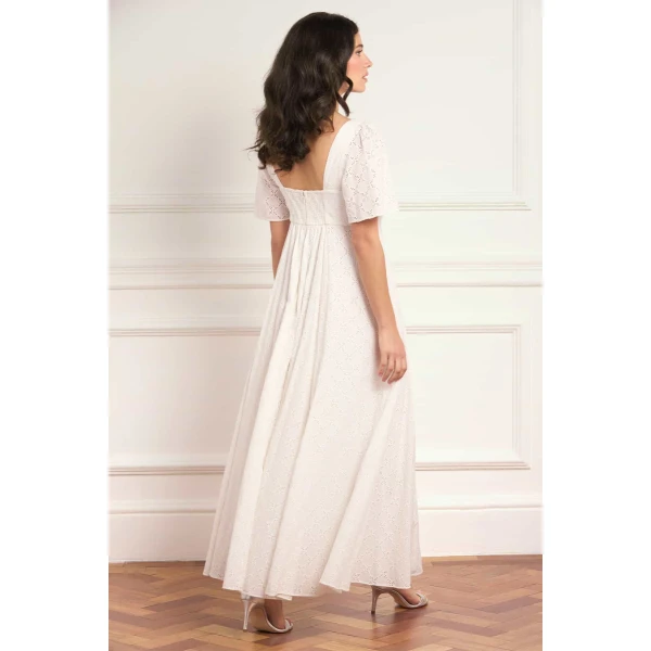 Needle & Thread Marisol Cotton Broderie Short Sleeve Ankle Gown in Optic White - Dresses - British Luxury Evening Wear at Coveti