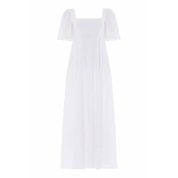 Needle & Thread Marisol Cotton Broderie Short Sleeve Ankle Gown in Optic White - Dresses - British Luxury Evening Wear at Coveti