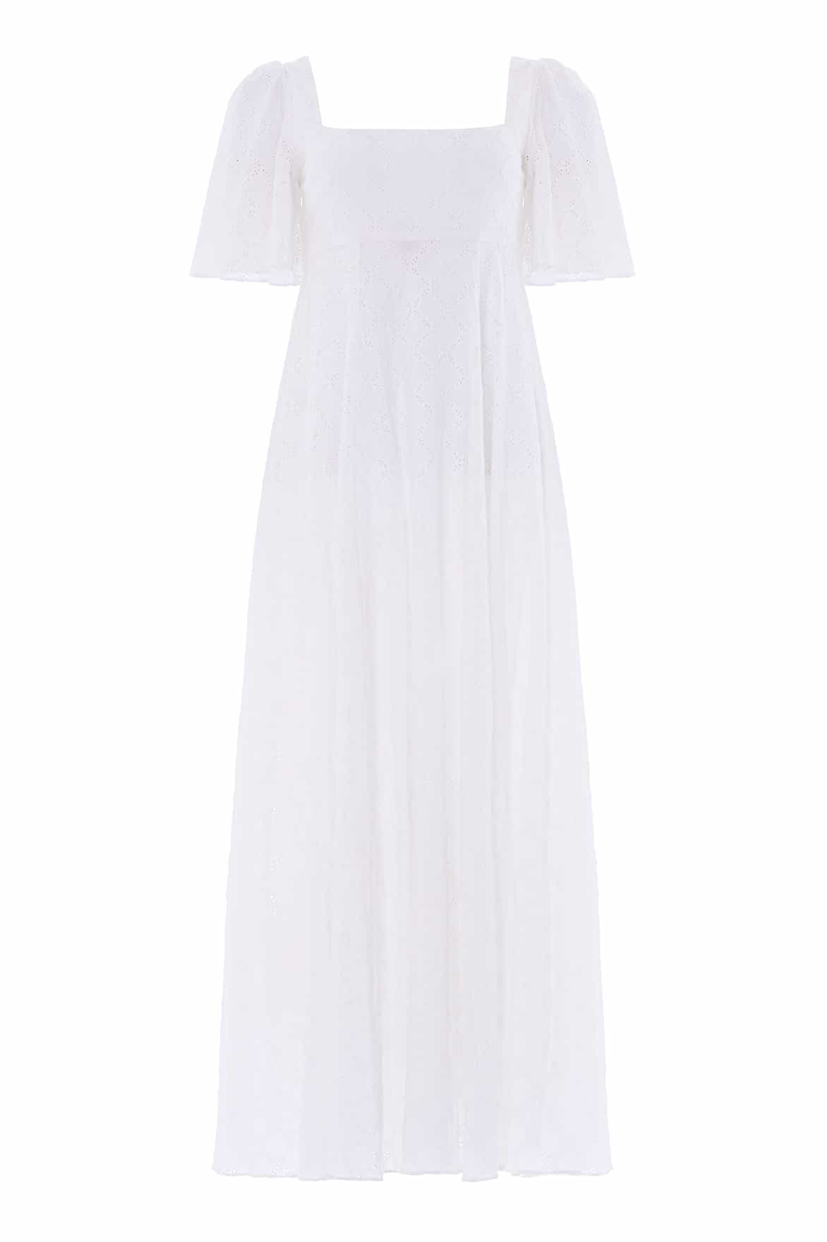 Needle & Thread Marisol Cotton Broderie Short Sleeve Ankle Gown in Optic White - Dresses - British Luxury Evening Wear at Coveti