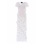Needle & Thread Meadow Ditsy Georgette Gown in Swan White/Peach - Dresses - British Luxury Evening Wear at Coveti