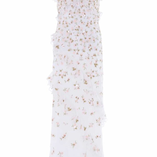 Needle & Thread Meadow Ditsy Georgette Gown in Swan White/Peach - Dresses - British Luxury Evening Wear at Coveti