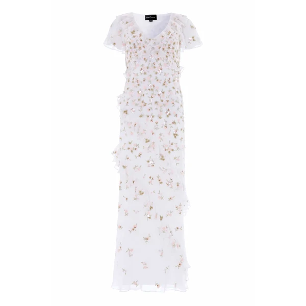 Needle & Thread Meadow Ditsy Georgette Gown in Swan White/Peach - Dresses - British Luxury Evening Wear at Coveti