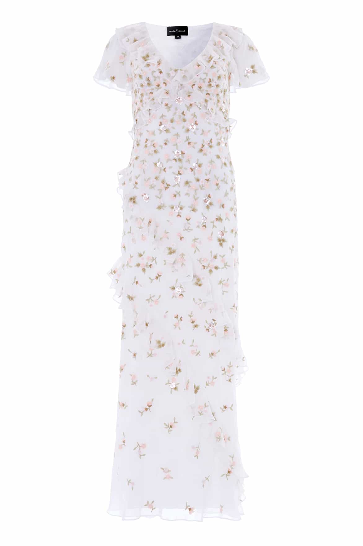 Needle & Thread Meadow Ditsy Georgette Gown in Swan White/Peach - Dresses - British Luxury Evening Wear at Coveti