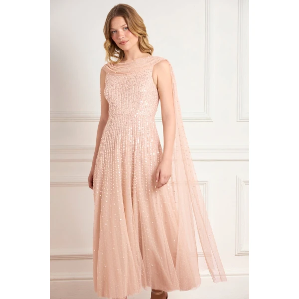 Needle & Thread Moonlight Sequin Ankle Gown in Biscuit - Dresses - British Luxury Evening Wear at Coveti