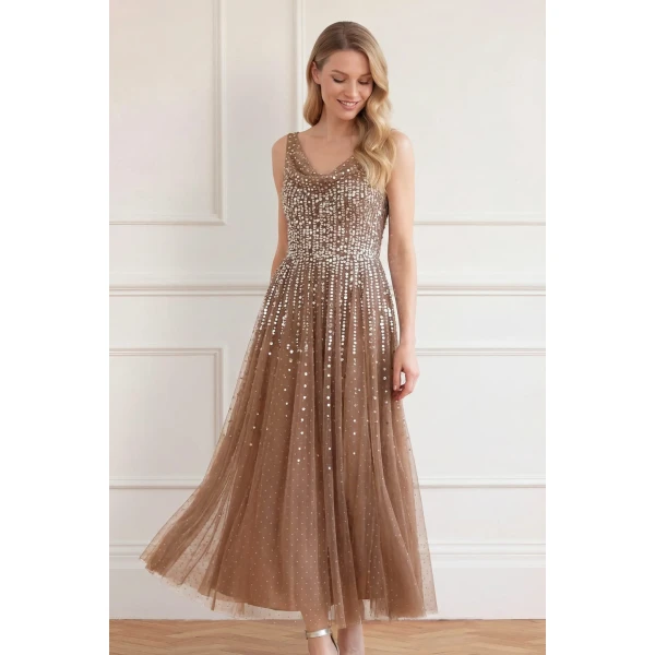 Needle & Thread Moonlight Sequin Cowl Neck Ankle Gown in Cocoa/Tawny - Dresses - British Luxury Evening Wear at Coveti