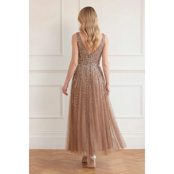 Needle & Thread Moonlight Sequin Cowl Neck Ankle Gown in Cocoa/Tawny - Dresses - British Luxury Evening Wear at Coveti