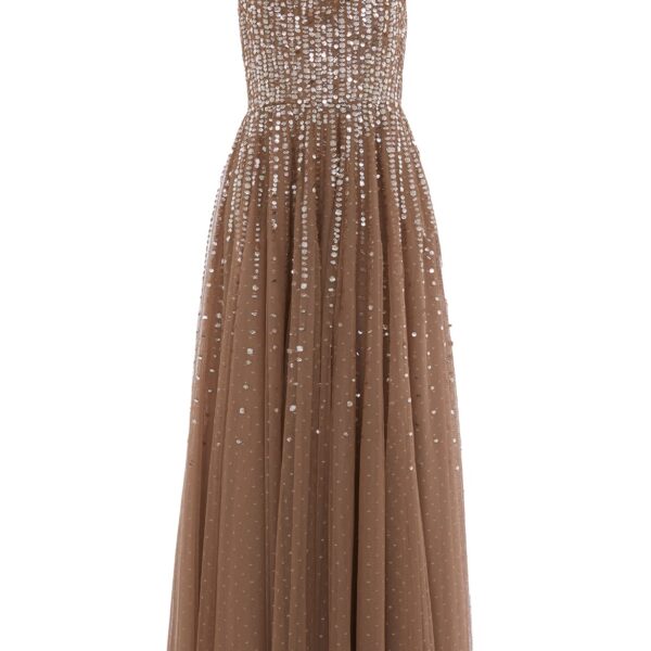 Needle & Thread Moonlight Sequin Cowl Neck Ankle Gown in Cocoa/Tawny - Dresses - British Luxury Evening Wear at Coveti