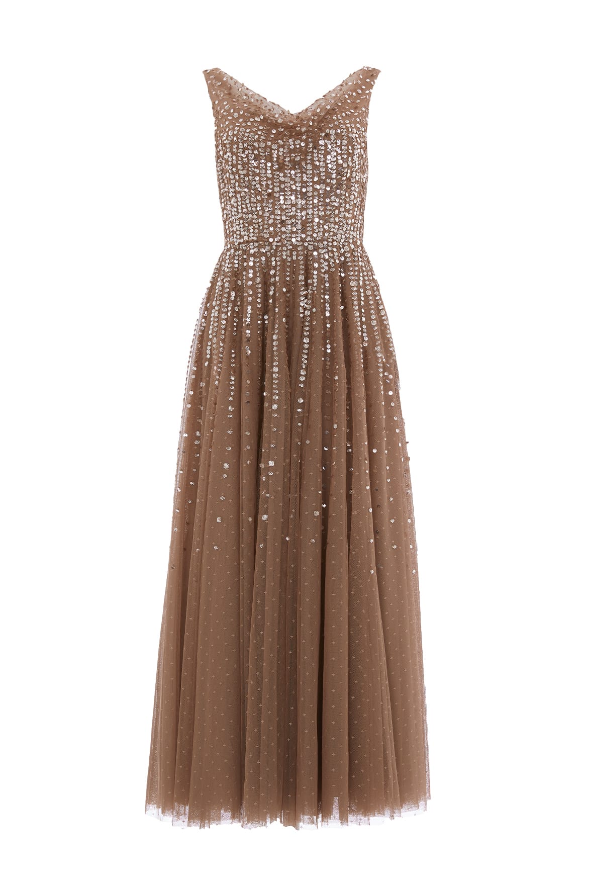 Needle & Thread Moonlight Sequin Cowl Neck Ankle Gown in Cocoa/Tawny - Dresses - British Luxury Evening Wear at Coveti