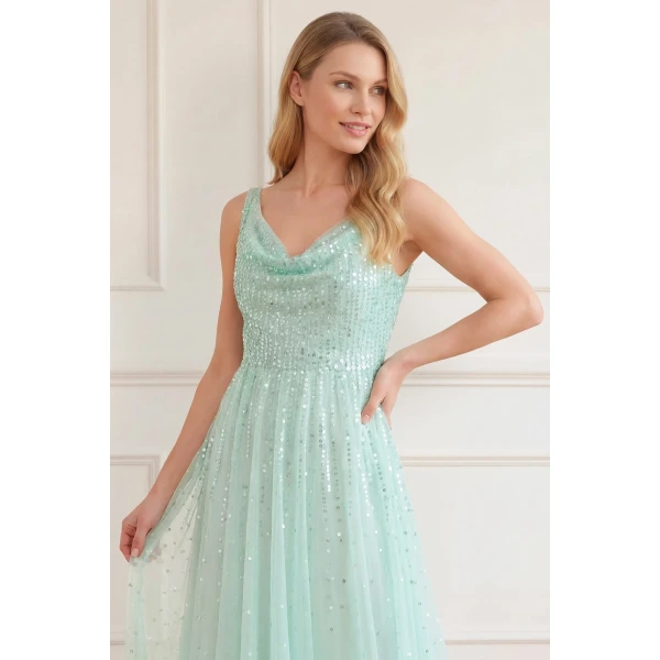 Needle & Thread Moonlight Sequin Cowl Neck Ankle Gown in Soft Mint - Dresses - British Luxury Evening Wear at Coveti