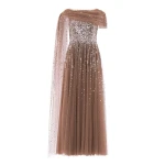 Needle & Thread Moonlight Sequin Draped Gown in Cocoa/Tawny - Dresses - British Luxury Evening Wear at Coveti