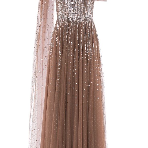 Needle & Thread Moonlight Sequin Draped Gown in Cocoa/Tawny - Dresses - British Luxury Evening Wear at Coveti