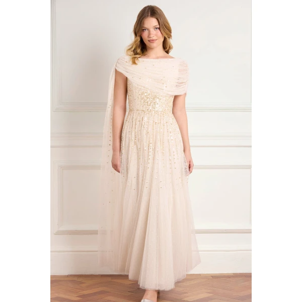 Needle & Thread Moonlight Sequin Draped Gown in Cream/Gold - Dresses - British Luxury Evening Wear at Coveti