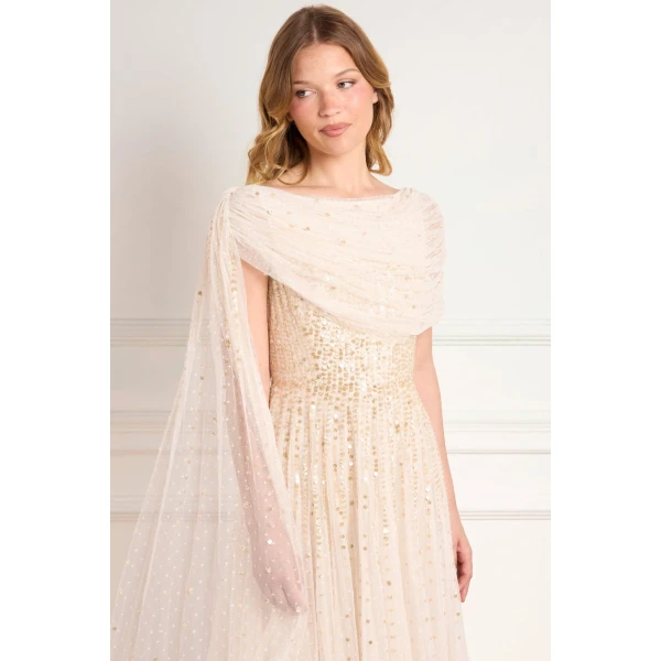 Needle & Thread Moonlight Sequin Draped Gown in Cream/Gold - Dresses - British Luxury Evening Wear at Coveti
