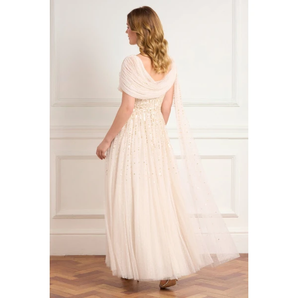 Needle & Thread Moonlight Sequin Draped Gown in Cream/Gold - Dresses - British Luxury Evening Wear at Coveti