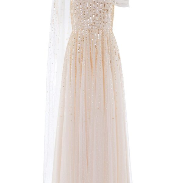 Needle & Thread Moonlight Sequin Draped Gown in Cream/Gold - Dresses - British Luxury Evening Wear at Coveti