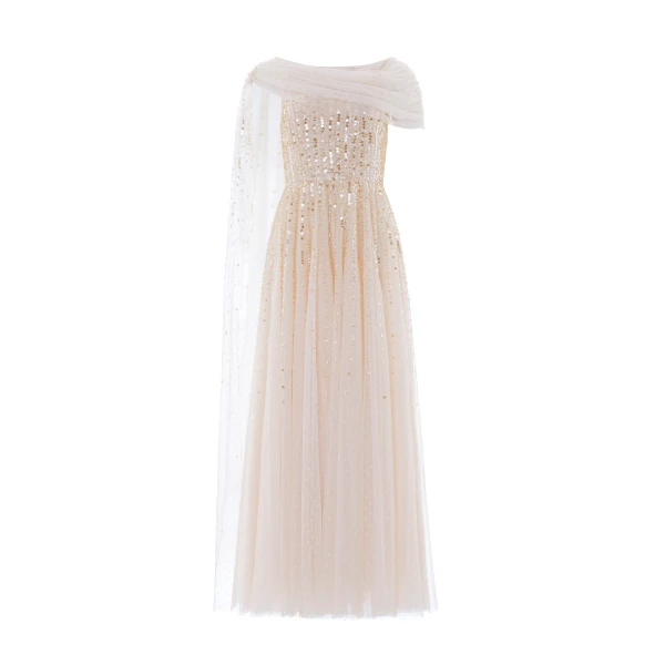 Needle & Thread Moonlight Sequin Draped Gown in Cream/Gold - Dresses - British Luxury Evening Wear at Coveti