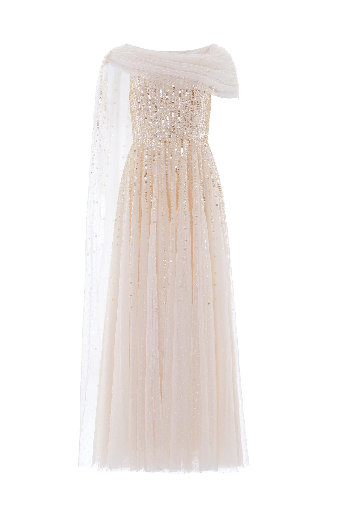 Needle & Thread Moonlight Sequin Draped Gown in Cream/Gold - Dresses - British Luxury Evening Wear at Coveti