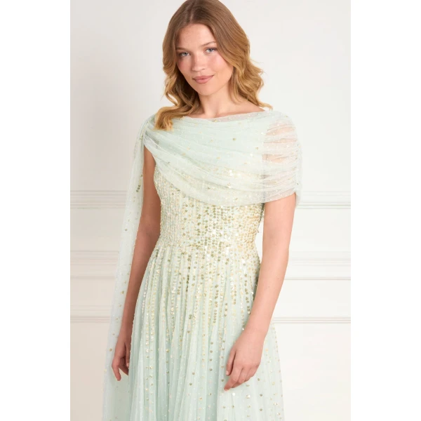 Needle & Thread Moonlight Sequin Draped Gown in Soft Mint/Gold - Dresses - British Luxury Evening Wear at Coveti