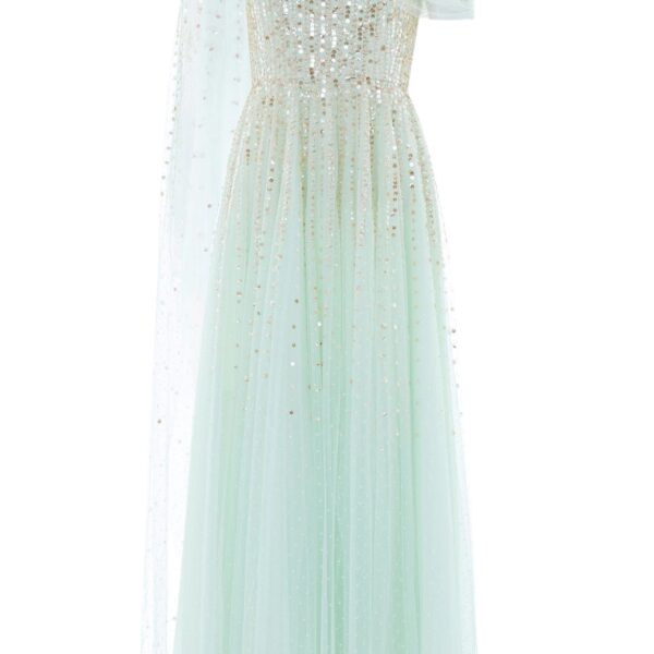 Needle & Thread Moonlight Sequin Draped Gown in Soft Mint/Gold - Dresses - British Luxury Evening Wear at Coveti