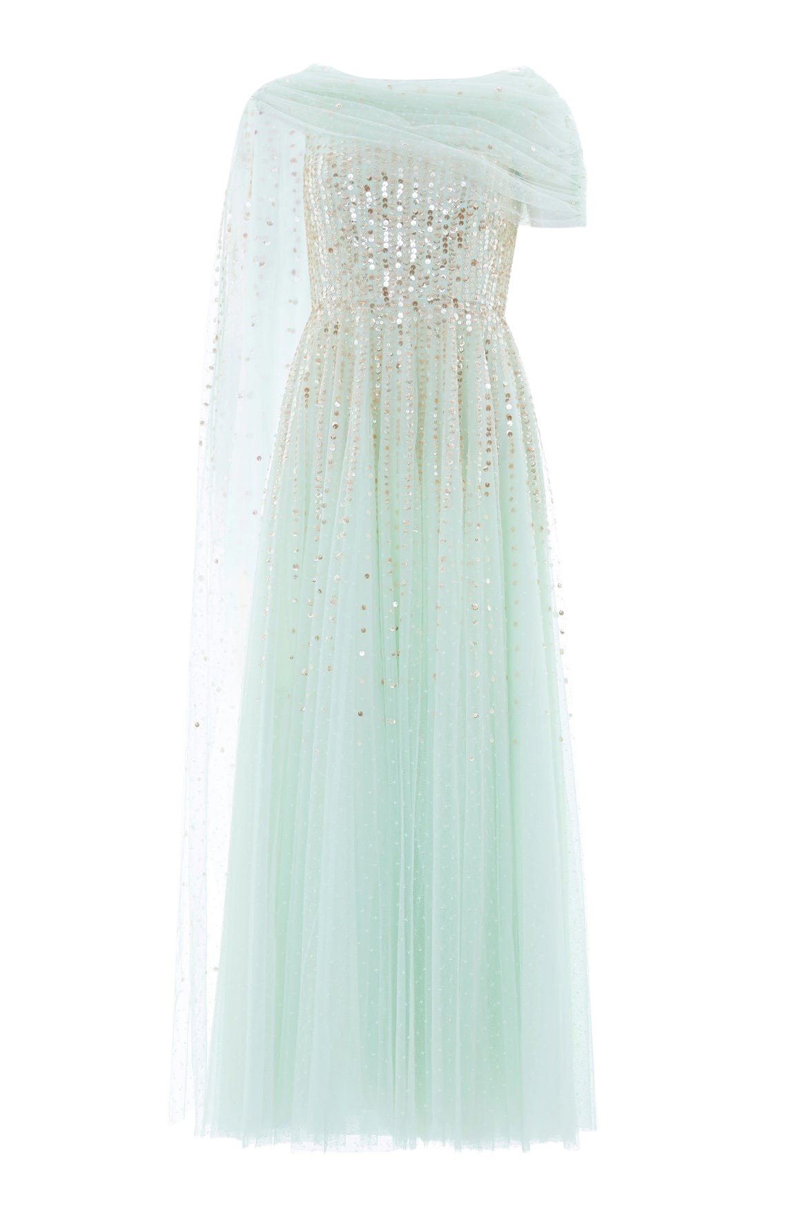 Needle & Thread Moonlight Sequin Draped Gown in Soft Mint/Gold - Dresses - British Luxury Evening Wear at Coveti