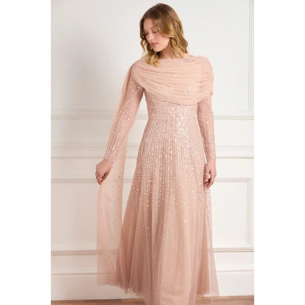 Needle & Thread Moonlight Sequin Draped Long Sleeve Gown in Biscuit - Dresses - British Luxury Evening Wear at Coveti