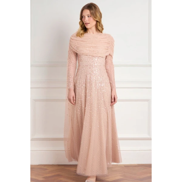 Needle & Thread Moonlight Sequin Draped Long Sleeve Gown in Biscuit - Dresses - British Luxury Evening Wear at Coveti