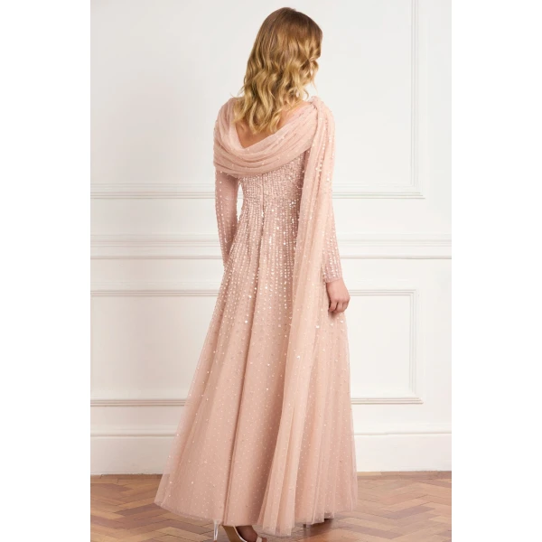 Needle & Thread Moonlight Sequin Draped Long Sleeve Gown in Biscuit - Dresses - British Luxury Evening Wear at Coveti