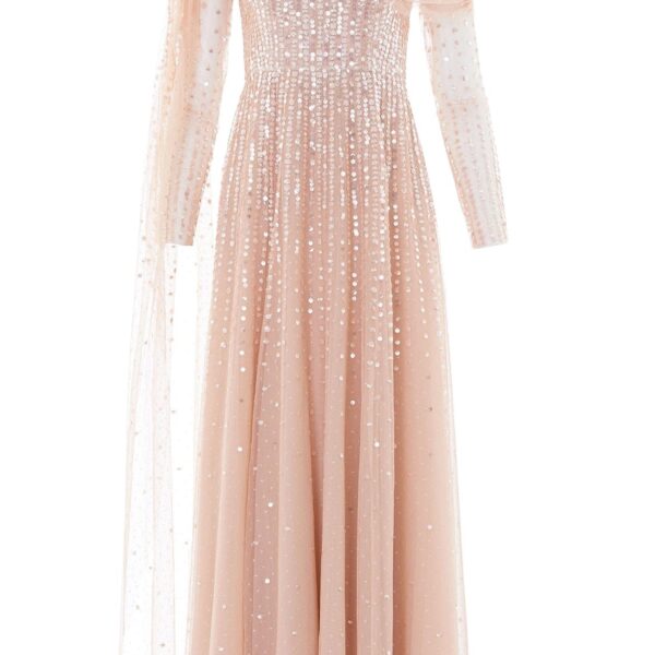 Needle & Thread Moonlight Sequin Draped Long Sleeve Gown in Biscuit - Dresses - British Luxury Evening Wear at Coveti