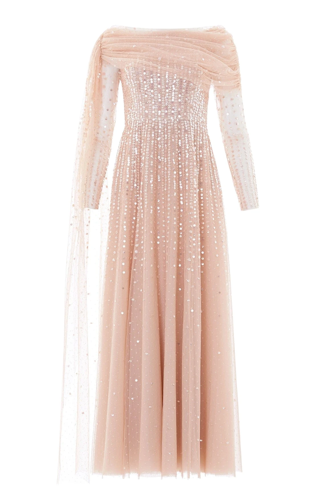 Needle-Thread-Moonlight-Sequin-Draped-Long-Sleeve-Gown-in-Biscuit-Coveti35545_nobg Needle & Thread Moonlight Sequin Draped Long Sleeve Gown in Biscuit - Dresses - British Luxury Evening Wear at Coveti