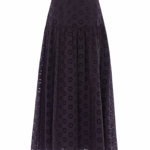 Needle & Thread Romilly Cotton Broderie Ankle Skirt in Jet Black - Skirts - British Luxury Evening Wear at Coveti