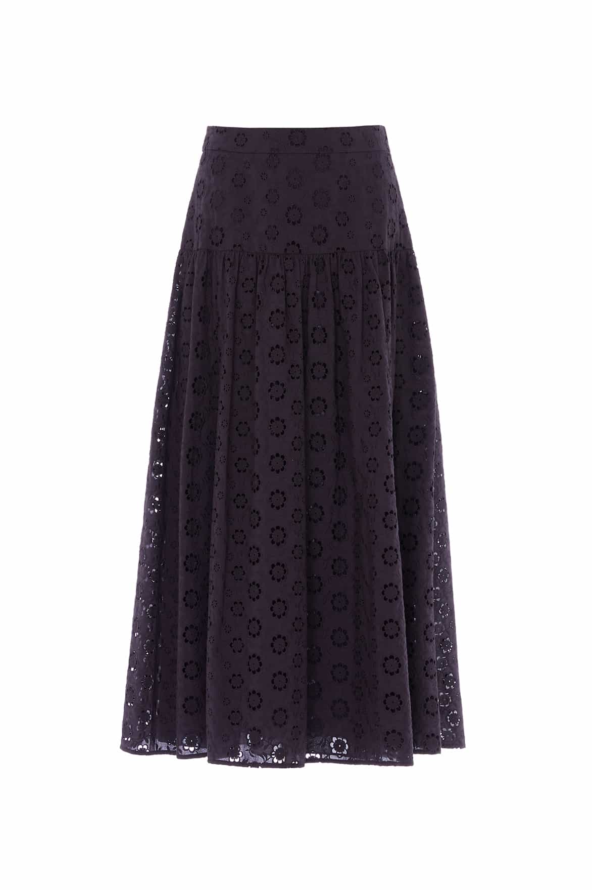 Needle & Thread Romilly Cotton Broderie Ankle Skirt in Jet Black - Skirts - British Luxury Evening Wear at Coveti