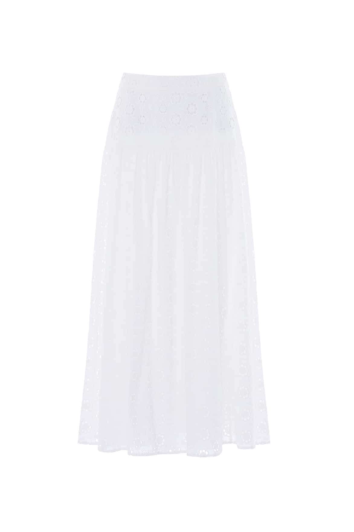 Needle & Thread Romilly Cotton Broderie Ankle Skirt in Optic White - Skirts - British Luxury Evening Wear at Coveti