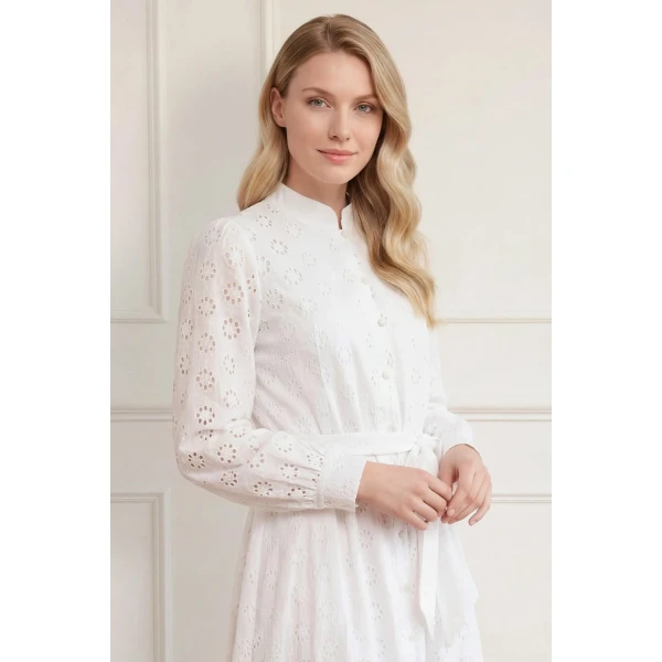 Needle & Thread Romilly Cotton Broderie Long Sleeve Shirt Dress in Optic White - Dresses - British Luxury Evening Wear at Coveti