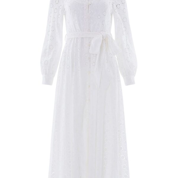 Needle & Thread Romilly Cotton Broderie Long Sleeve Shirt Dress in Optic White - Dresses - British Luxury Evening Wear at Coveti