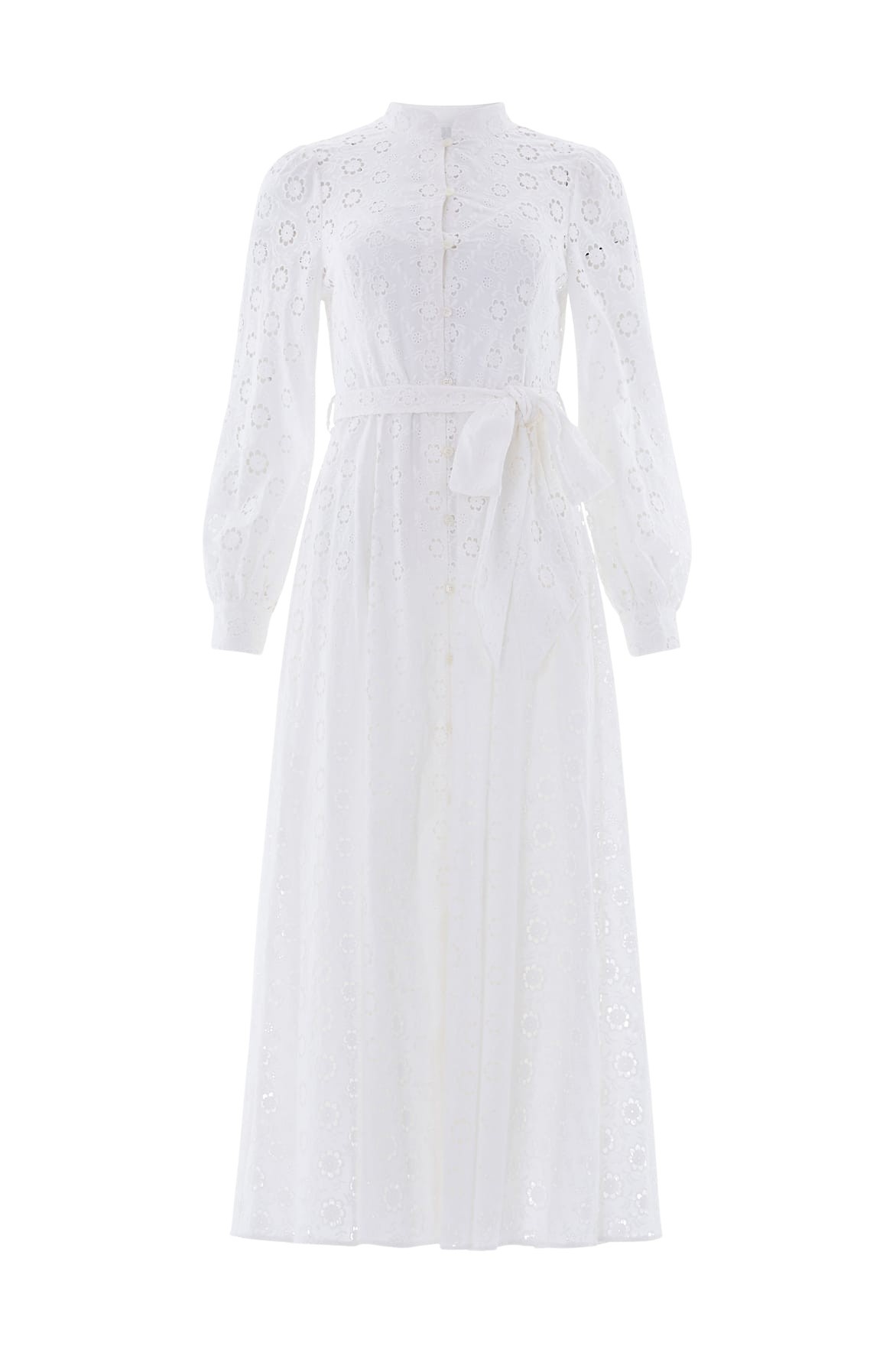 Needle & Thread Romilly Cotton Broderie Long Sleeve Shirt Dress in Optic White - Dresses - British Luxury Evening Wear at Coveti