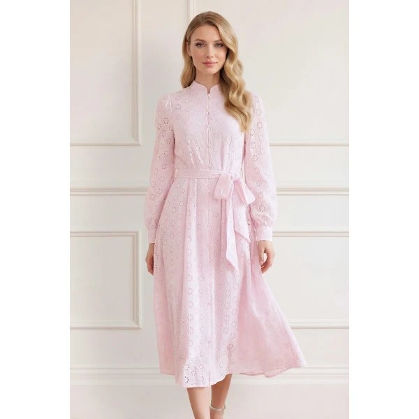 Needle & Thread Romilly Cotton Broderie Long Sleeve Shirt Dress in Shell - Dresses - British Luxury Evening Wear at Coveti