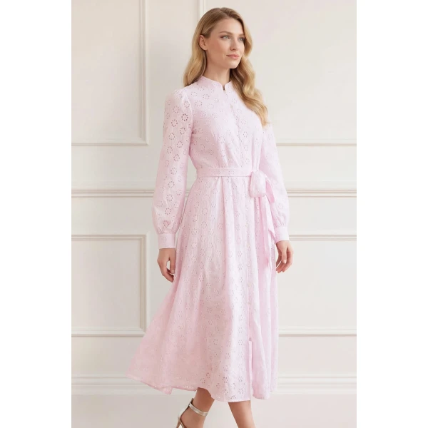 Needle & Thread Romilly Cotton Broderie Long Sleeve Shirt Dress in Shell - Dresses - British Luxury Evening Wear at Coveti