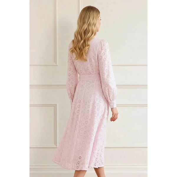 Needle & Thread Romilly Cotton Broderie Long Sleeve Shirt Dress in Shell - Dresses - British Luxury Evening Wear at Coveti