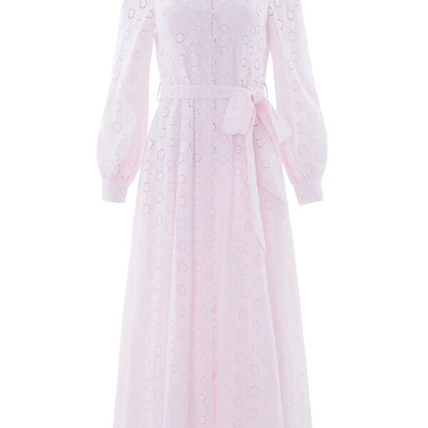 Needle & Thread Romilly Cotton Broderie Long Sleeve Shirt Dress in Shell - Dresses - British Luxury Evening Wear at Coveti