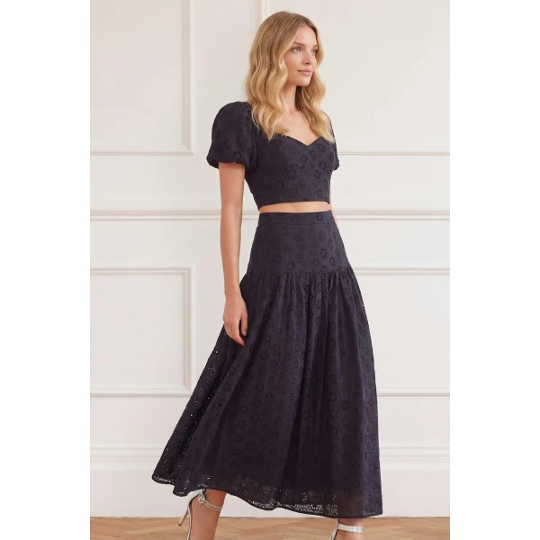 Needle & Thread Romilly Cotton Broderie Top in Jet Black - Tops - British Luxury Evening Wear at Coveti