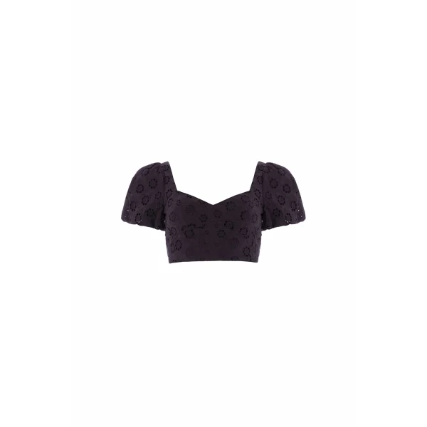 Needle & Thread Romilly Cotton Broderie Top in Jet Black - Tops - British Luxury Evening Wear at Coveti