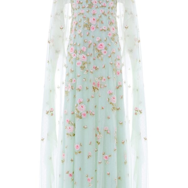 Needle & Thread Rose Bloom Cape Gown in Sea Mist - Dresses - British Luxury Evening Wear at Coveti