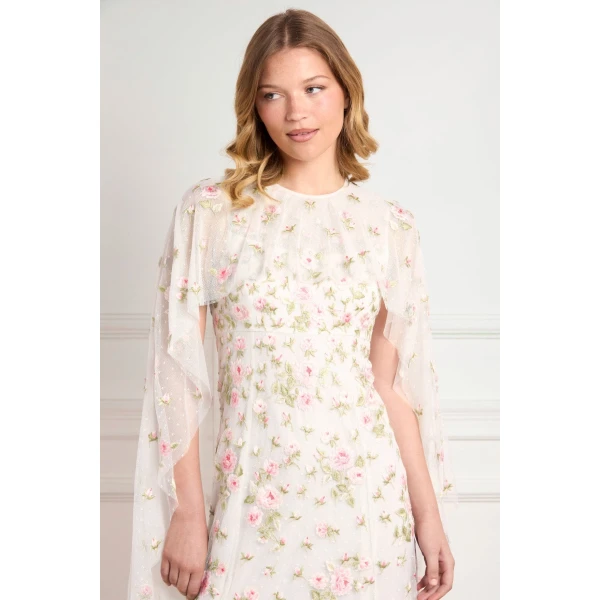 Needle & Thread Rose Bloom Cape Gown in Swan White - Dresses - British Luxury Evening Wear at Coveti