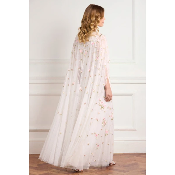 Needle & Thread Rose Bloom Cape Gown in Swan White - Dresses - British Luxury Evening Wear at Coveti