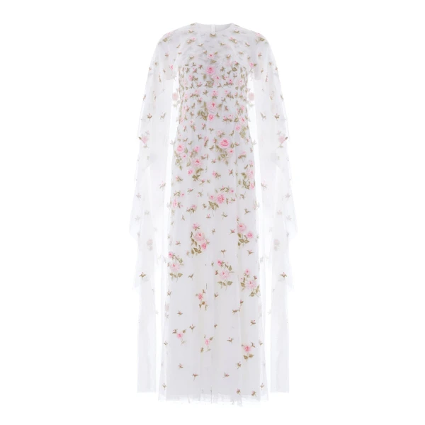 Needle & Thread Rose Bloom Cape Gown in Swan White - Dresses - British Luxury Evening Wear at Coveti