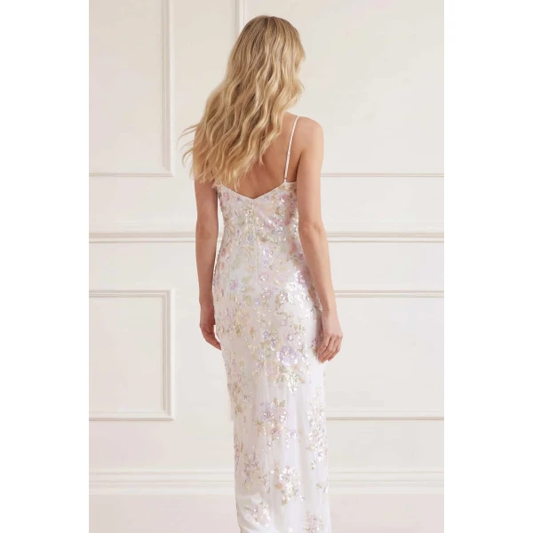Needle & Thread Sequin Paradise Georgette Cami Gown in Swan White/Multi - Dresses - British Luxury Evening Wear at Coveti