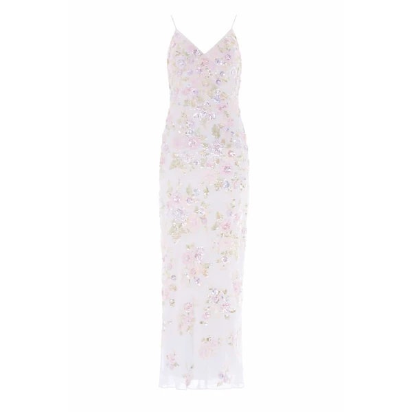 Needle & Thread Sequin Paradise Georgette Cami Gown in Swan White/Multi - Dresses - British Luxury Evening Wear at Coveti